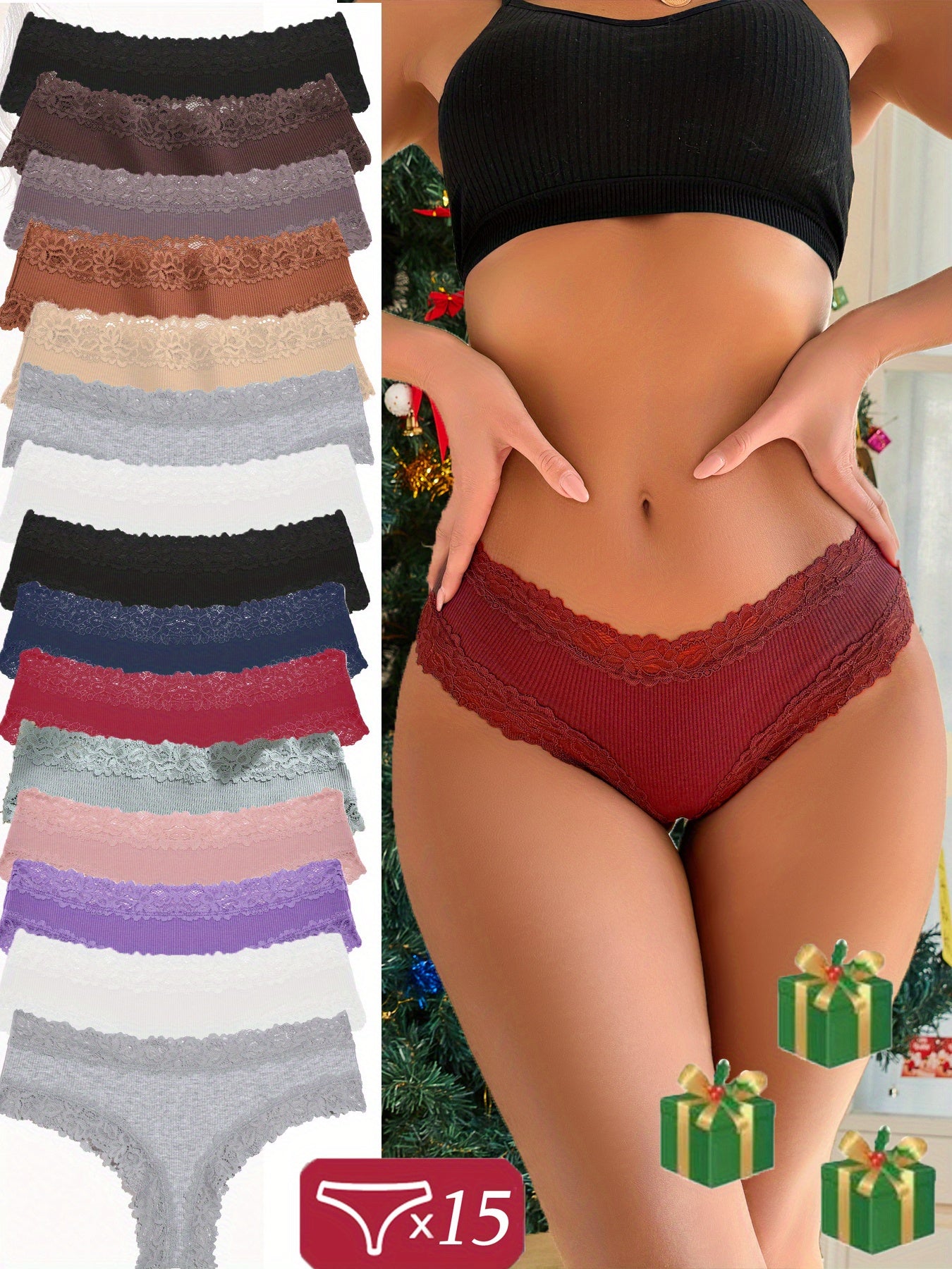 15pcs Lace Women Panties - Comfortable Solid Color Briefs - Christmas Gift for Women - S-XL - Perfect for Everyday Wear - Ideal Gift for Her